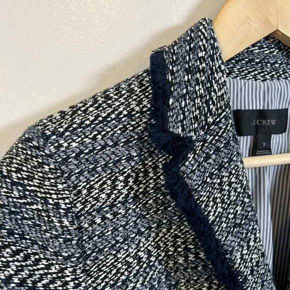 J. Crew Lady Jacket Blazer Size 2 Blue Tweed Fringe Trim Preppy Work Career - Picture 5 of 14